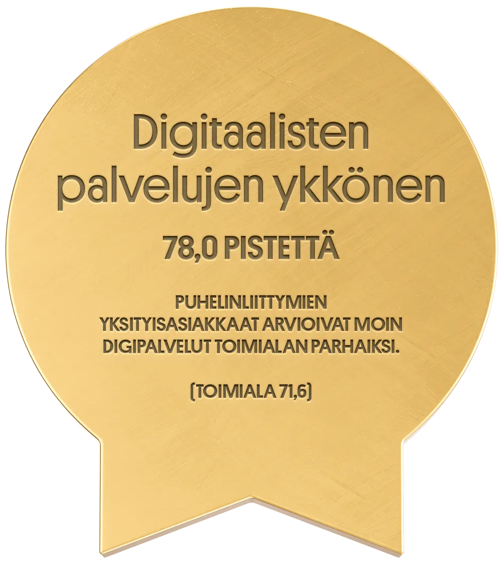 Digitaalisten palvelujen ykkönen - 78,0 pistettä - puhelinliittymien yksityisasiakkaat arvioivat Moin digipalvelut toimialan parhaiksi. (toimiala 71,6)